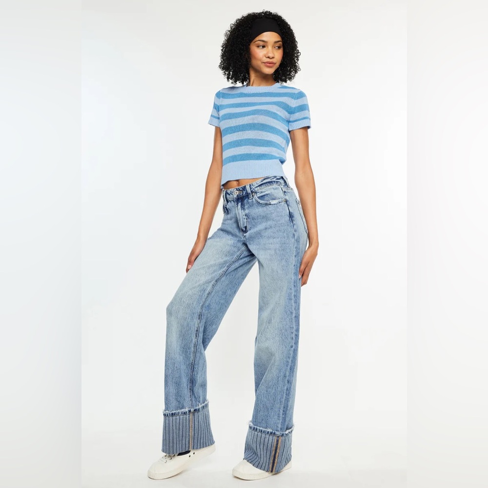 NWT KanCan High Rise Wide Leg Jeans Stripe Cuff Size 29 Medium Wash Flare - Picture 3 of 7